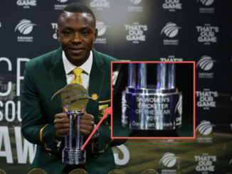 Kagiso Rabada poses with 'Women's Cricketer of the Year' trophy