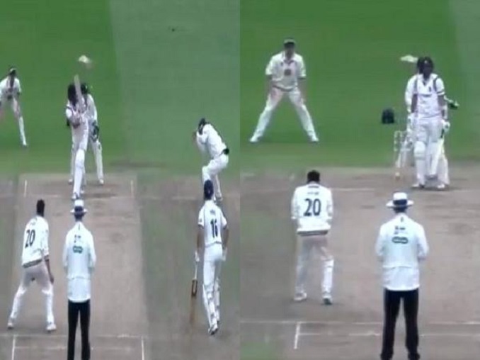 Axar Patel takes catch after ball deflects from fielder's helmet #AxarPatel #Cricket #India #Durham #Warwickshire #England #RyanSidebottom