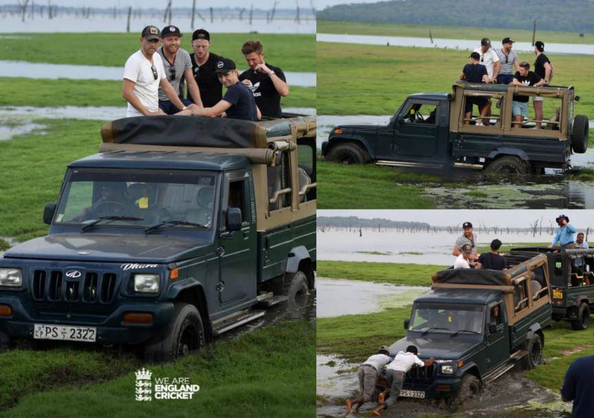 England cricketers' vehicle gets stuck in mud on a safari in Sri Lanka #Cricket #England #SriLanka #ENGvSL #SLvENG #ENGvsSL #SLvsENG #BenStokes #OlliePope #JonnyBairstow