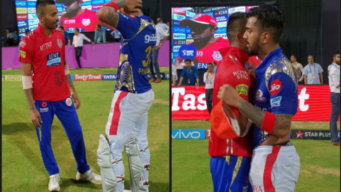 KL Rahul Hardik Pandya football jersey exchange Kings XI Punjab KXIP IPL 2018 Mumbai Indians MI Indian Premier League