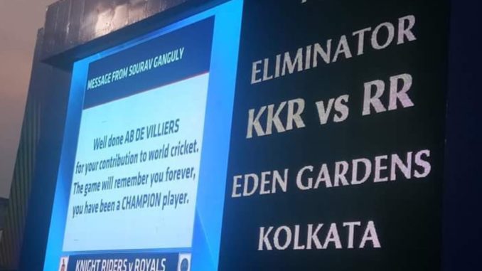 Sourav Ganguly posts farewell note for AB de Villiers on Eden Gardens' screen Kolkata Knight Riders KKR IPL 2018 Batting